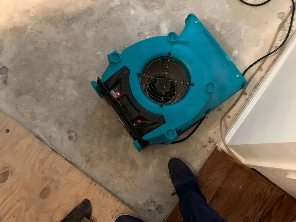 Air mover drying subfloor during Leak Detection & Repair in Heber Springs